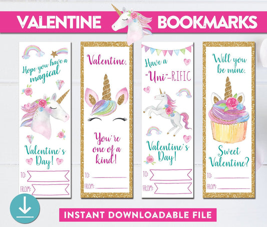 Unicorn Valentine Bookmarks - PRINTABLE - Unicorn Valentines - Girl Valentine - Bookmark Valentine - INSTANT DOWNLOAD - Blank