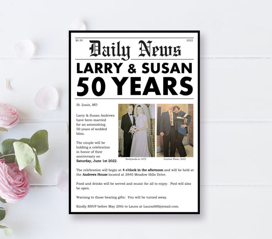 Anniversary Party Invitation - Milestone - 50th Anniversary - 25th - 40th - Newspaper - Wedding Anniversary Photo - Digital - EDITABLE - DIY