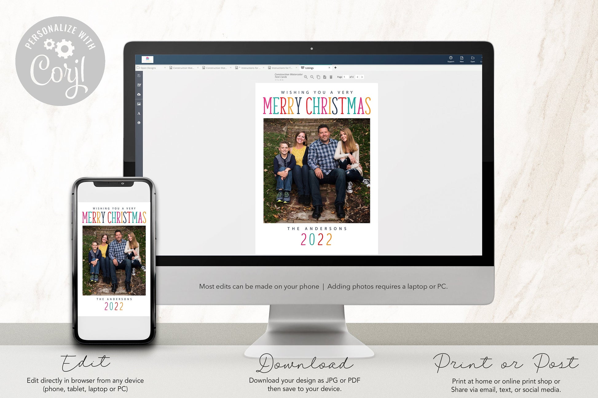 Christmas Photo Card - Holiday Photo Card Template, Colorful Merry Christmas, Yellow, Pink, Teal, DIY, Editable Template - Instant Download