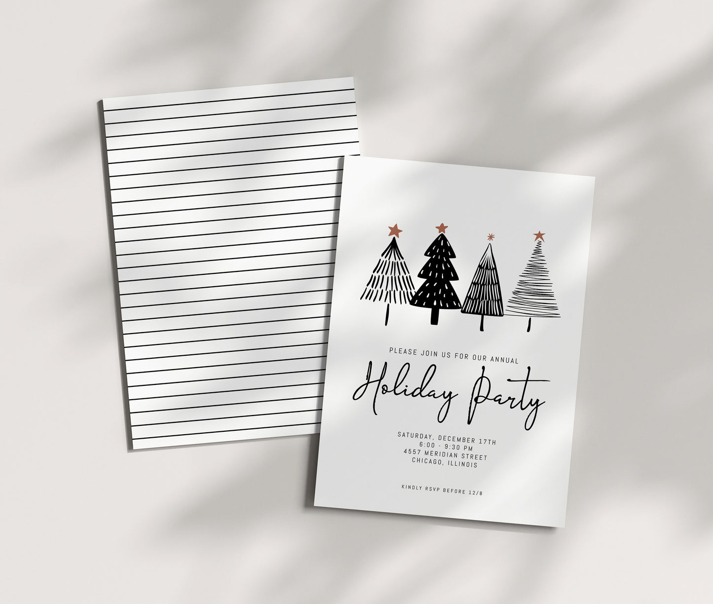 Corporate Holiday Party Invitation.  Black and white Christmas trees. Minimalist design.  Editable template.