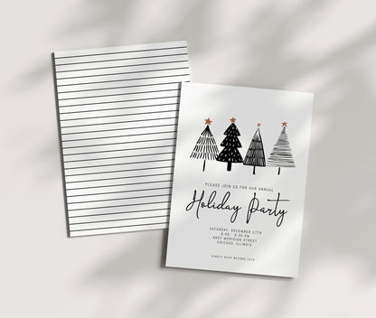 Corporate Holiday Party Invitation.  Black and white Christmas trees. Minimalist design.  Editable template.