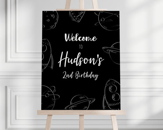 Space Welcome Sign - Monochromatic - Planets Moon Birthday Party Decor, Rocket, Black and White, Easel Sign - Editable Template - ANY AGE