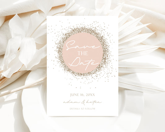 Rose Gold Save the Date Card - Blush Wedding Sparkle - Pale Pink - Digital - Optional Backside - DIY - Printable - Digital - EDITABLE