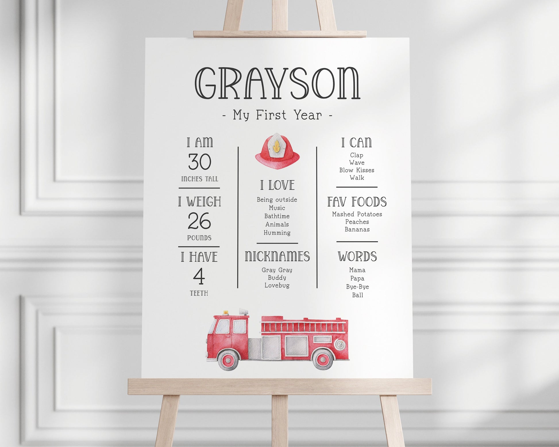 Firetruck Stats Board - First Birthday Milestone Poster - Firefighter - Fire Engine Birthday Party - 3 sizes - EDITABLE - DIY