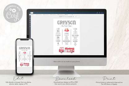 Firetruck Stats Board - First Birthday Milestone Poster - Firefighter - Fire Engine Birthday Party - 3 sizes - EDITABLE - DIY