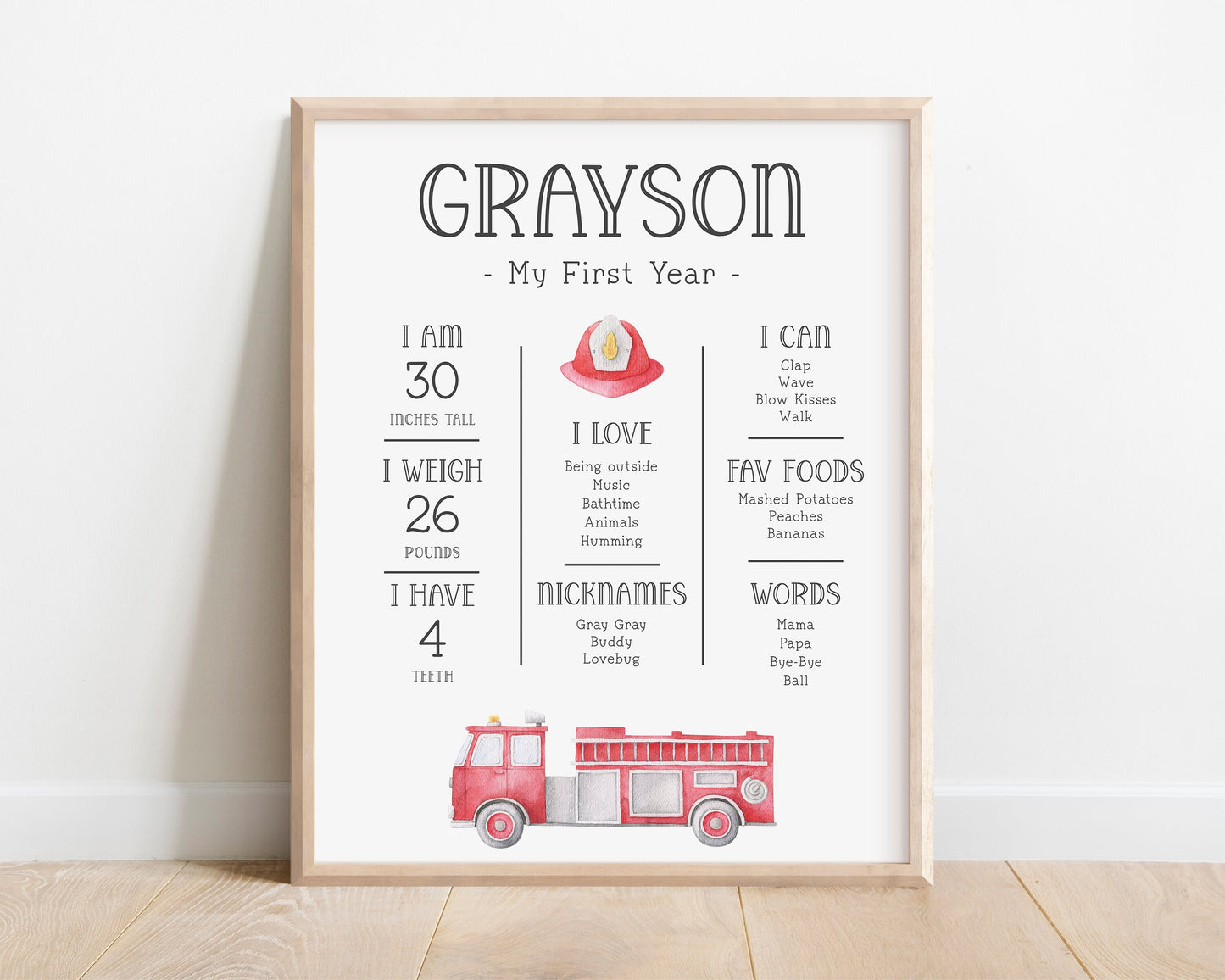 Firetruck Stats Board - First Birthday Milestone Poster - Firefighter - Fire Engine Birthday Party - 3 sizes - EDITABLE - DIY
