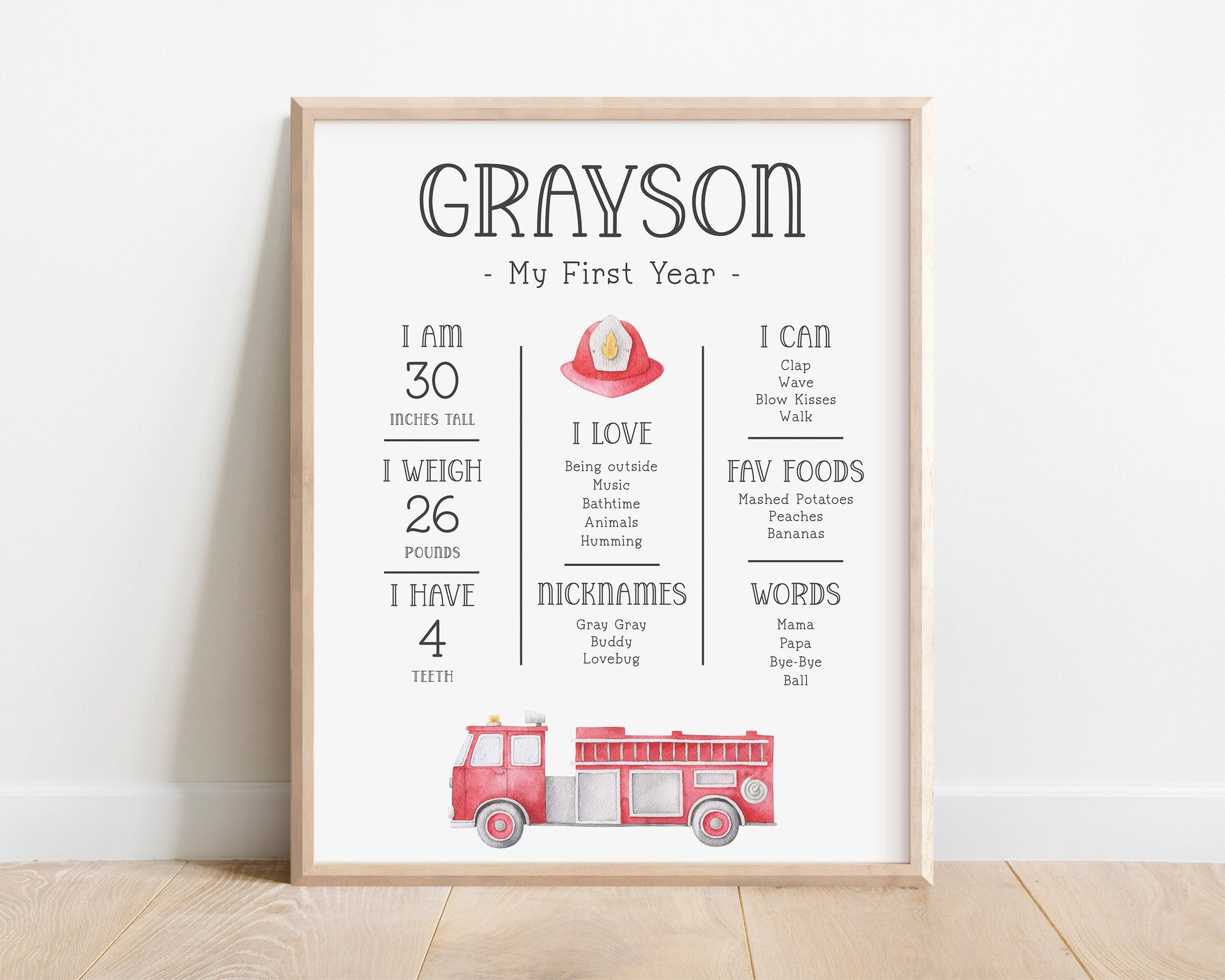 Firetruck Stats Board - First Birthday Milestone Poster - Firefighter - Fire Engine Birthday Party - 3 sizes - EDITABLE - DIY