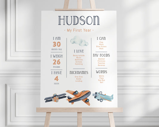 Airplane Stats Board - First Birthday Milestone Poster - Vintage Airplanes - Pilot Airport Birthday Party - 3 sizes - EDITABLE - DIY