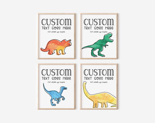 dinosaur birthday sign set - fully editable.  watercolor trex in minimalist design.  orange, blue, green and yellow