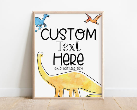 Dinosaur Party sign in watercolors of yellow, blue and orange. Editable template.