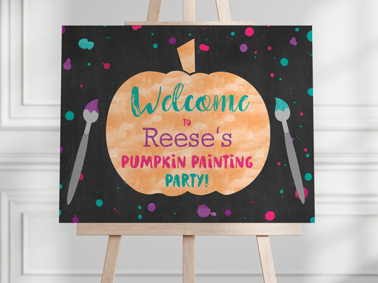 pumpkin painting party welcome sign on easel, instant download, editable template