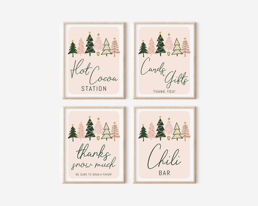 girl winter onederland first birthday party sign set.  hot cocoa station, cards and gifts, favor sign and chili bar.  pale pink background with pink, green, gold christmas tree design.  instant download sign set of 4.