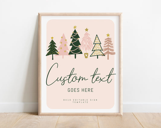 winter onederland girl first birthday sign template. pink, peach, gold and green christmas trees