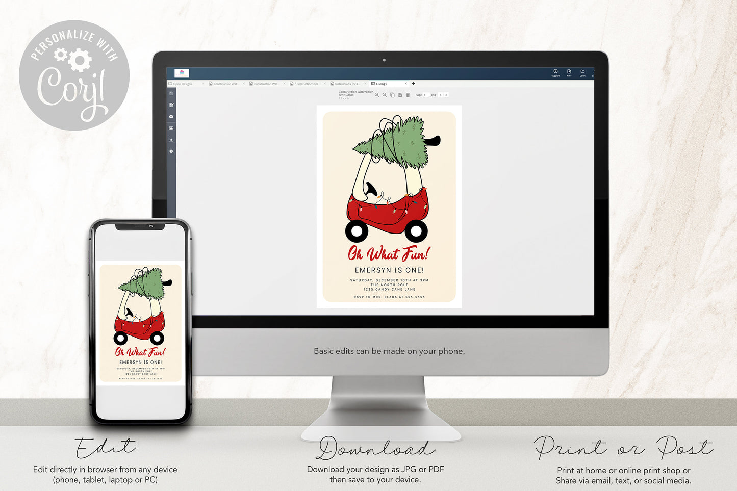 Toy Car Christmas Tree 12 Month Photo Banner – Editable Corjl First Birthday Party Decor