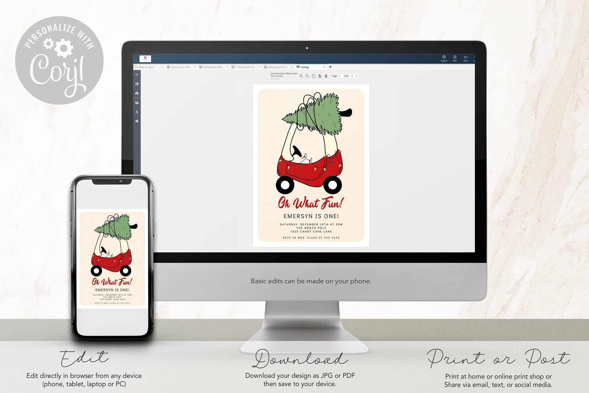 Toy Car Christmas Tree 12 Month Photo Banner – Editable Corjl First Birthday Party Decor