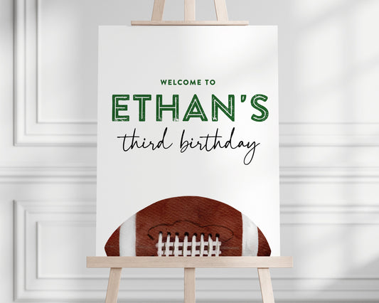 football party sign for easel.  welcome guests to football birthday party.  minimalist design with watercolor football graphic at center bottom. editable colors and fonts.