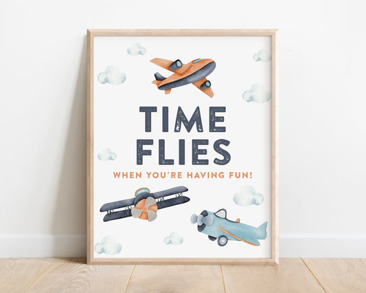 Time Flies When You&#39;re Having Fun - Birthday Party Sign.  Instant Download.  Navy blue, orange, teal watercolor graphics