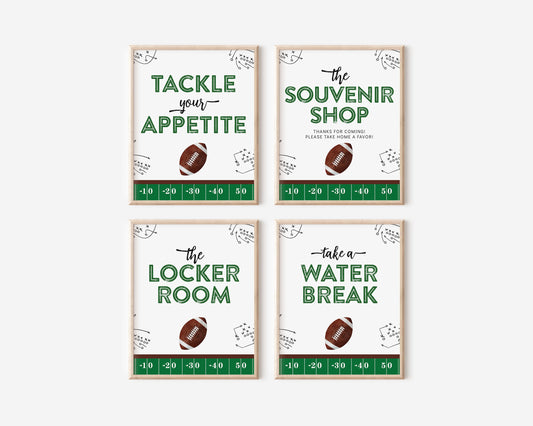 Football Birthday Party Signs.  Tackle Your Appetite, The Souvenir Shop, The Locker Room, Take a Water Break.  Green, Brown, Black and White with watercolor american football graphic.