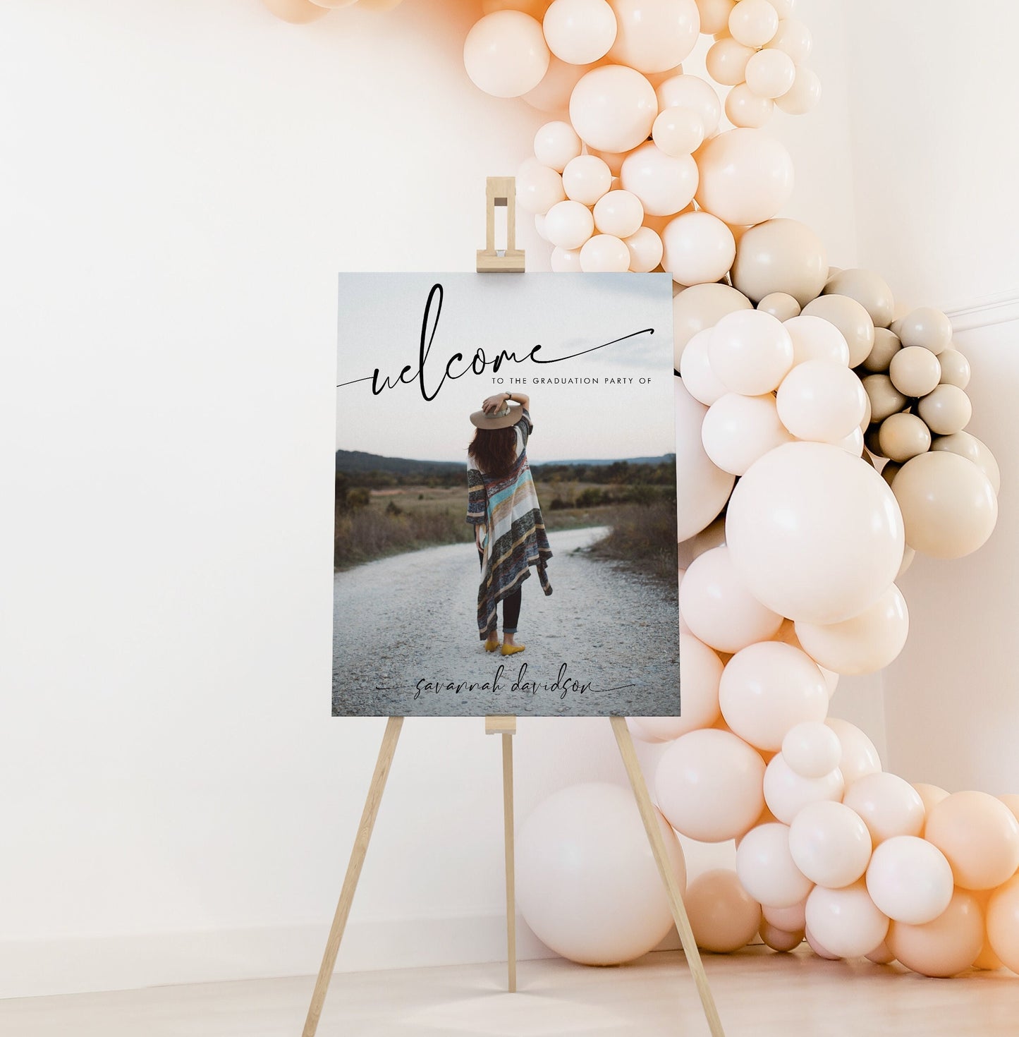 photo welcome sign for graduation, birthday, wedding, baby shower, anniversary, retirement. display on easel.