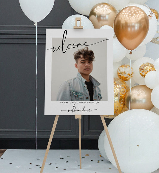 modern minimalist graduation party welcome sign with photo. editable template.