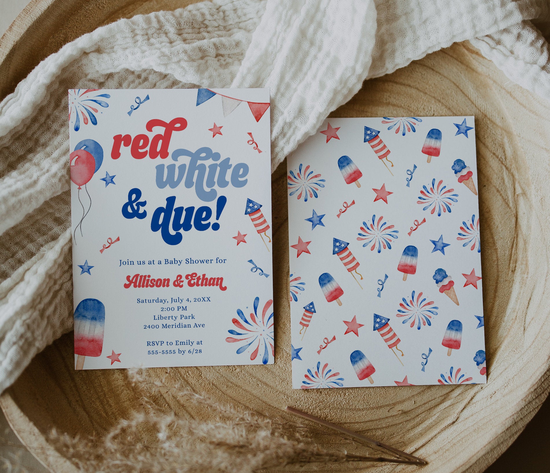 Red White and Due Invitation Bundle, 4th of July Baby Shower Invitation Suite, Diaper Raffle and Books for Baby Insert, Digital Phone Evite