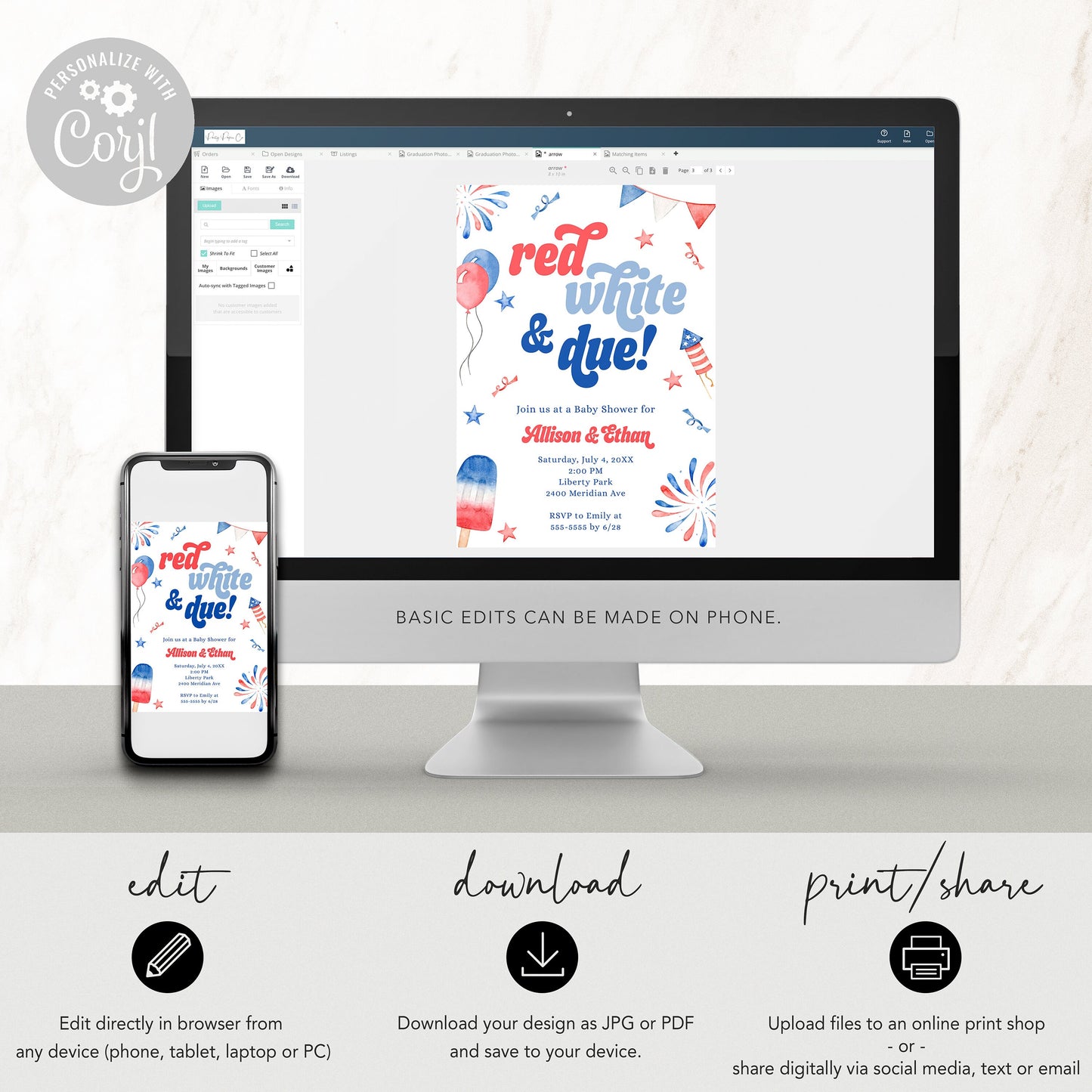 Red White and Due Invitation Bundle, 4th of July Baby Shower Invitation Suite, Diaper Raffle and Books for Baby Insert, Digital Phone Evite