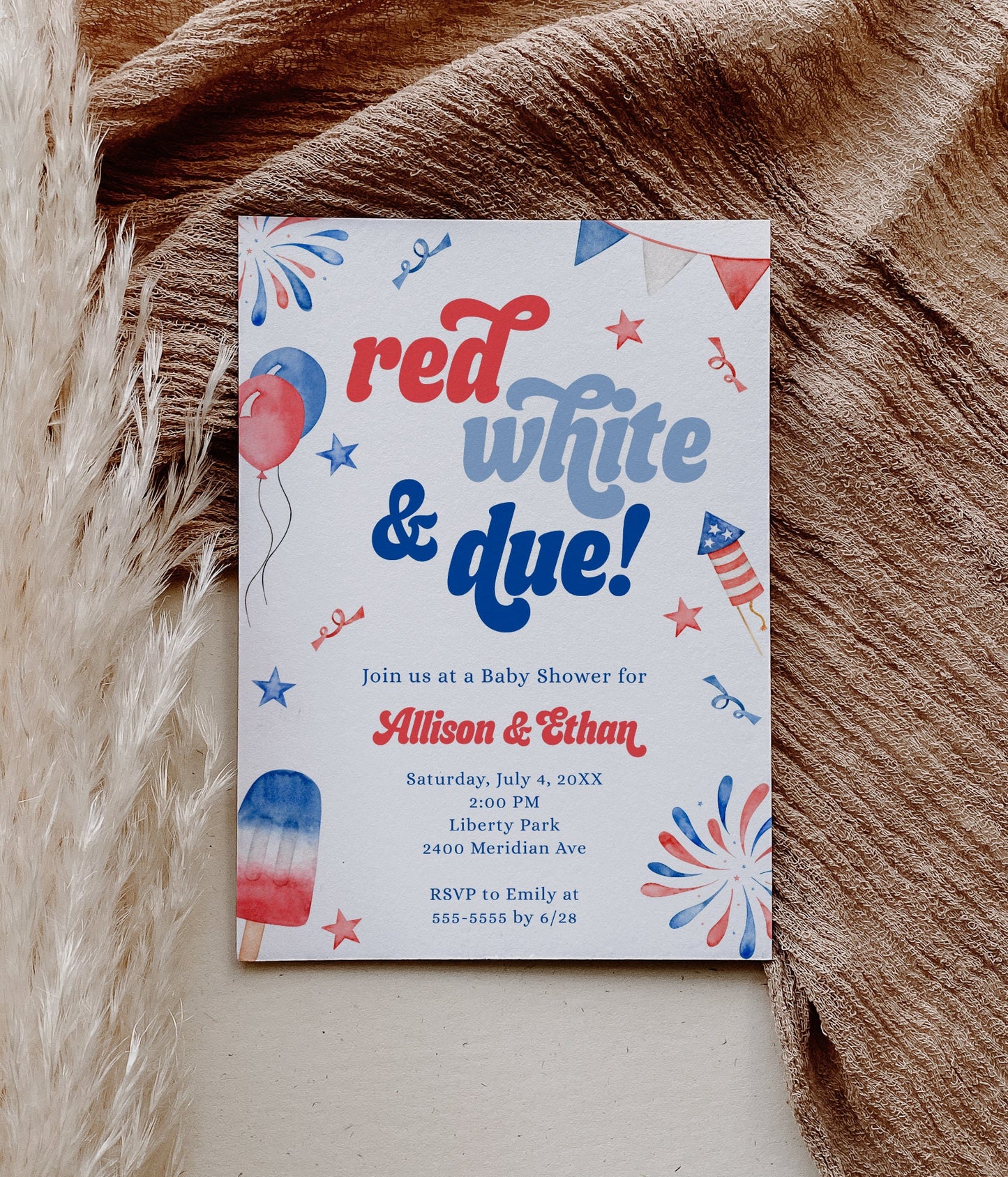 red white and due 4th of july baby shower invitation.  modern watercolor graphics of fireworks and popsicles.  editable template can be used for gender reveal or baby sprinkle.