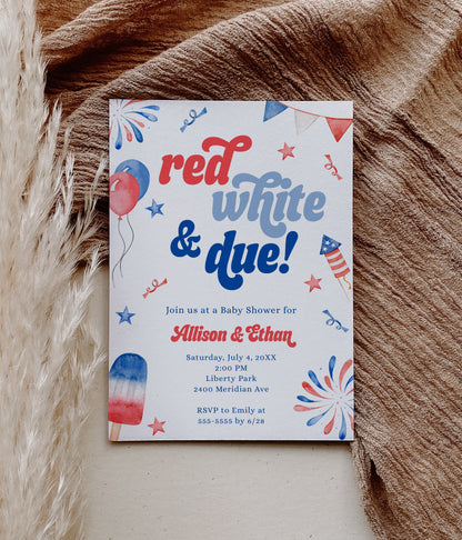 red white and due 4th of july baby shower invitation.  modern watercolor graphics of fireworks and popsicles.  editable template can be used for gender reveal or baby sprinkle.