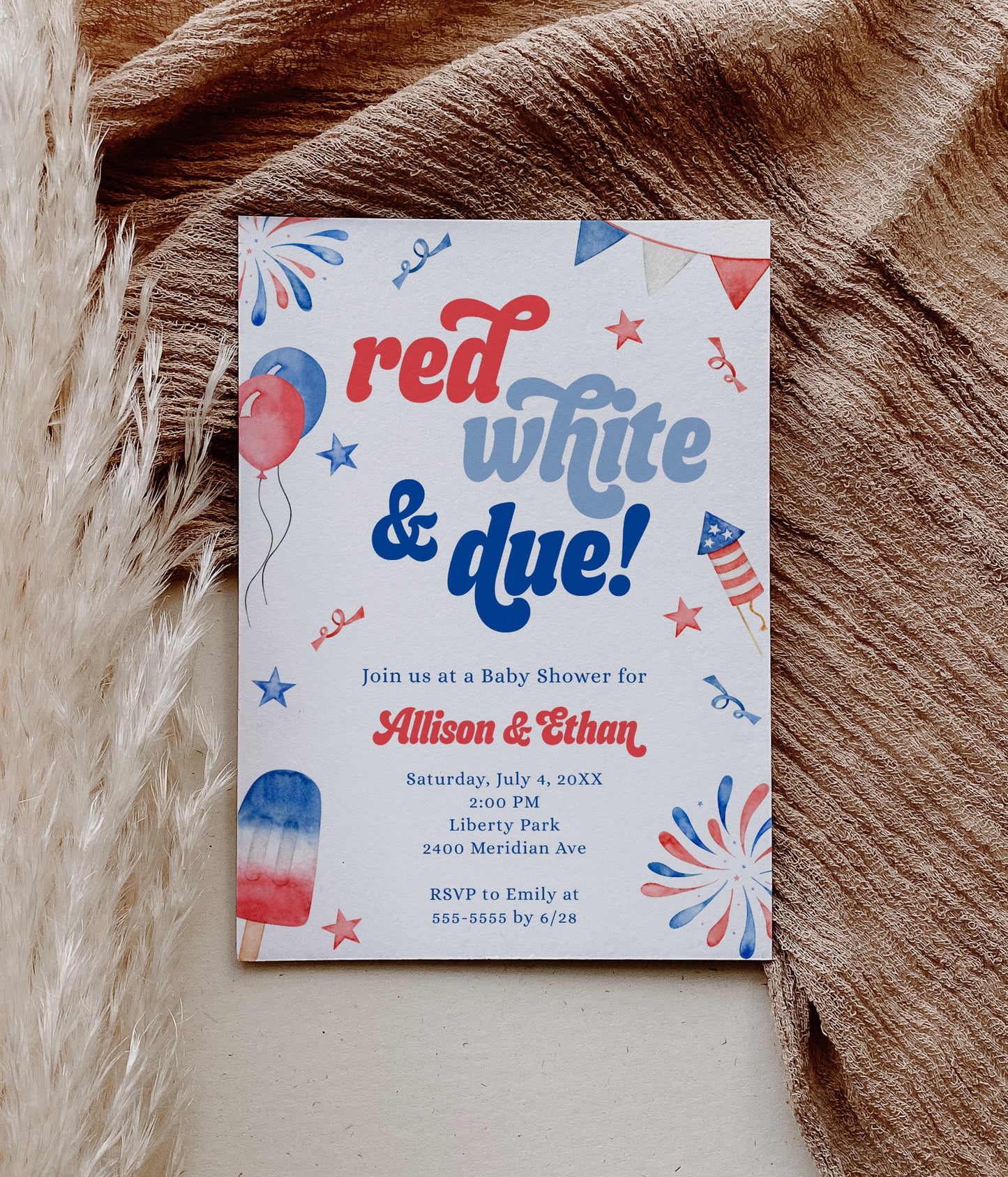 red white and due 4th of july baby shower invitation.  modern watercolor graphics of fireworks and popsicles.  editable template can be used for gender reveal or baby sprinkle.