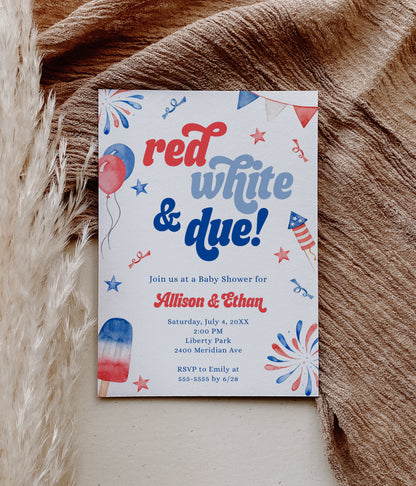 red white and due 4th of july baby shower invitation.  modern watercolor graphics of fireworks and popsicles.  editable template can be used for gender reveal or baby sprinkle.