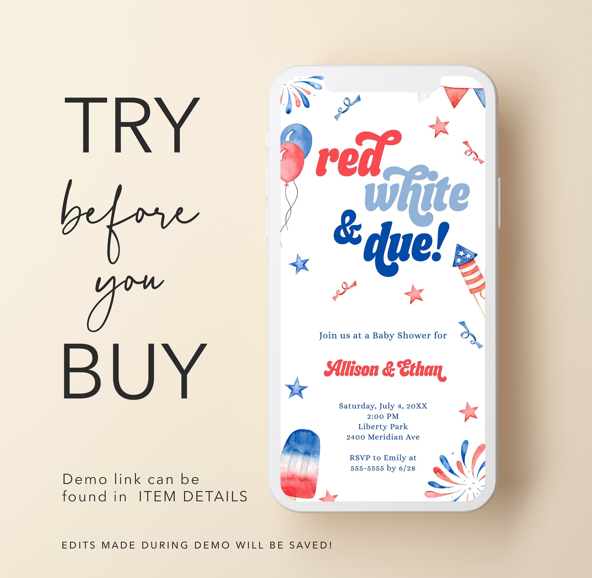 Red White and Due Invitation Bundle, 4th of July Baby Shower Invitation Suite, Diaper Raffle and Books for Baby Insert, Digital Phone Evite