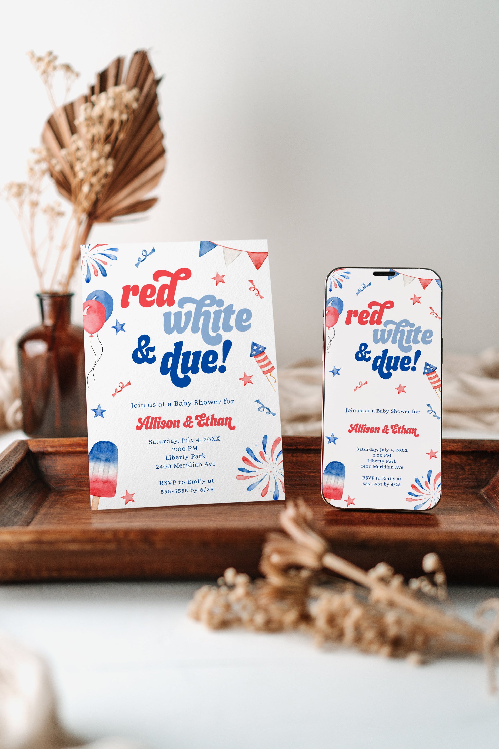 Red White and Due Invitation Bundle, 4th of July Baby Shower Invitation Suite, Diaper Raffle and Books for Baby Insert, Digital Phone Evite