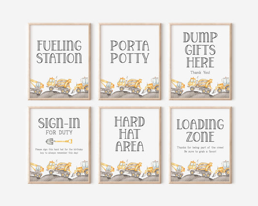 Construction party signs for construction truck birthday party.  Set of 6 includes fueling station, porta potty, dump gifts, sign-in, hard hat area and loading zone/favor table sign.