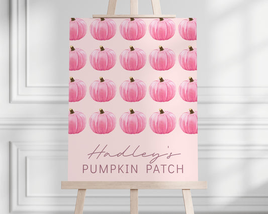 pink pumpkin patch welcome sign.  watercolor pink pumpkin graphics in patterned rows above wording.