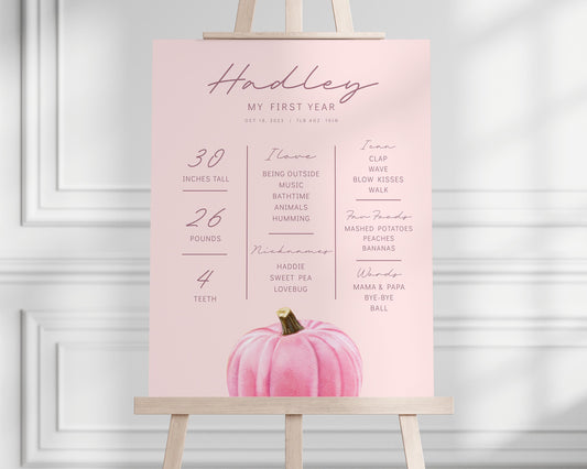 milestone board for pink pumpkin is one first birthday party.  pale pink background with rich pink watercolor pumpkin graphic at bottom