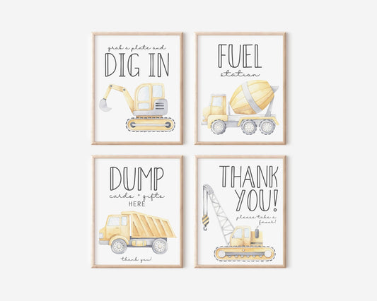 construction party signs for boy birthday.  modern watercolor pale muted yellow graphics of dump truck, excavator, cement truck and crane.  Fun Line Art Font in Black. Dig In, Fuel Station, Dump Gifts, Thank you Signs
