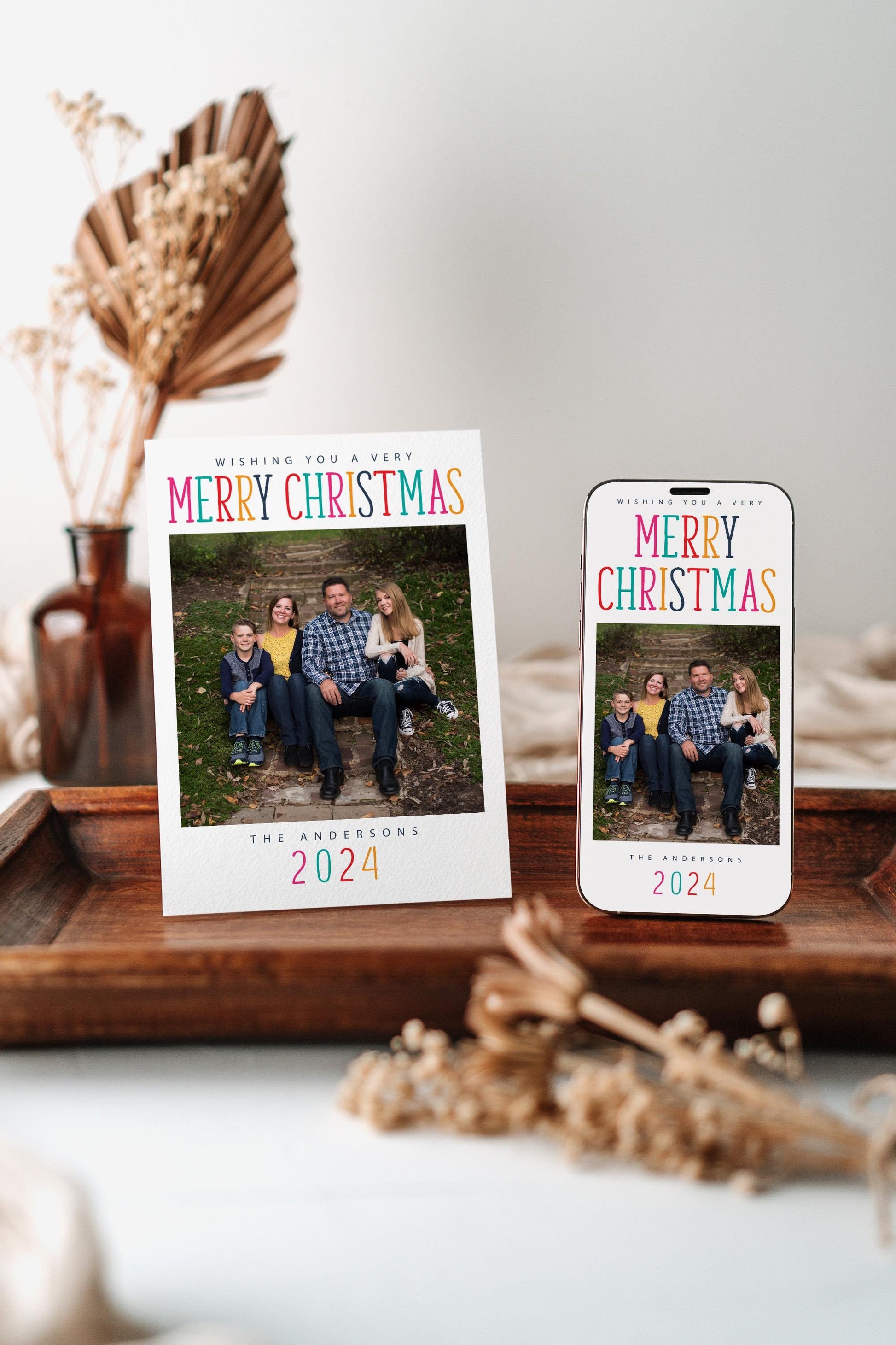 Christmas Photo Card - Holiday Photo Card Template, Colorful Merry Christmas, Yellow, Pink, Teal, DIY, Editable Template - Instant Download