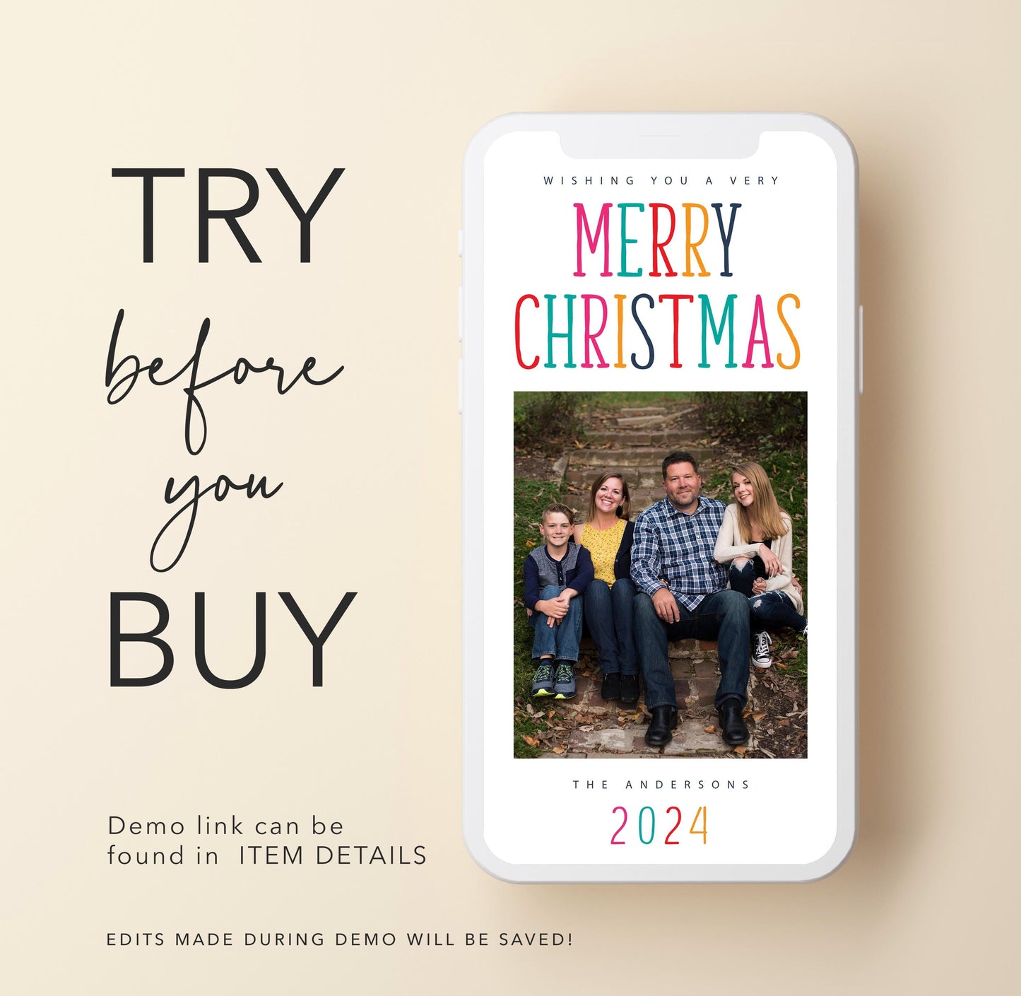 Christmas Photo Card - Holiday Photo Card Template, Colorful Merry Christmas, Yellow, Pink, Teal, DIY, Editable Template - Instant Download