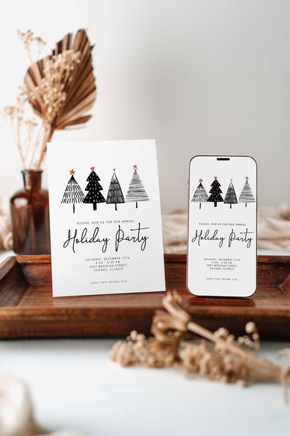 Company Holiday Party Invitation Bundle | Printable Office Christmas Party Set | Minimalist Black & White Tree Decor Package for Work Event