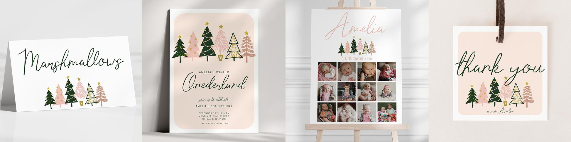 Winter ONEderland Milestone Board - 1st Birthday Stats Sign, December Birthday, Pink Christmas Trees First Birthday, 3 sizes, EDITABLE