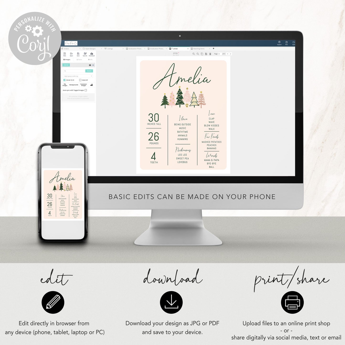 Winter ONEderland Milestone Board - 1st Birthday Stats Sign, December Birthday, Pink Christmas Trees First Birthday, 3 sizes, EDITABLE