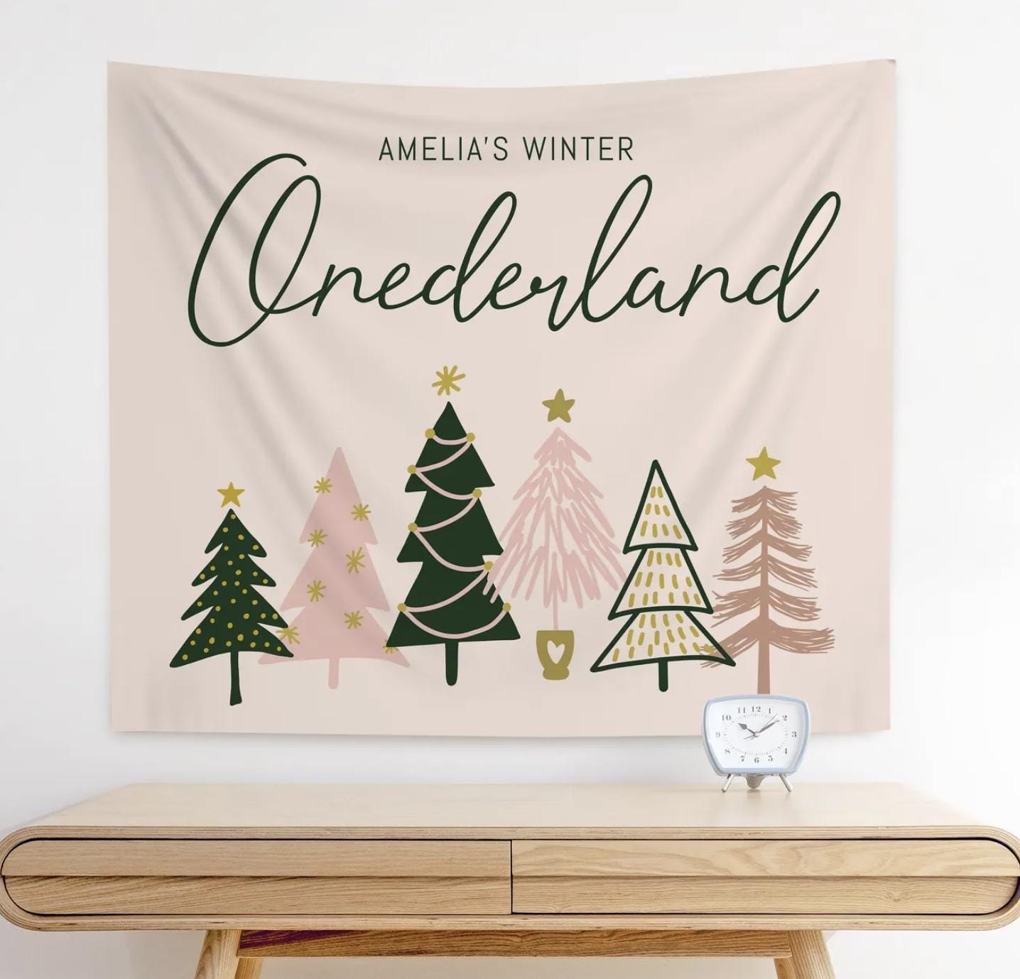 Winter ONEderland Milestone Board - 1st Birthday Stats Sign, December Birthday, Pink Christmas Trees First Birthday, 3 sizes, EDITABLE