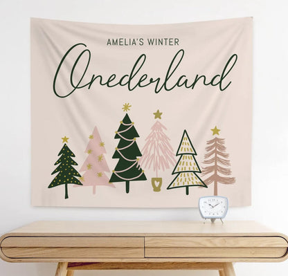 Winter ONEderland Milestone Board - 1st Birthday Stats Sign, December Birthday, Pink Christmas Trees First Birthday, 3 sizes, EDITABLE