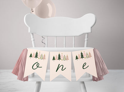 Winter ONEderland Milestone Board - 1st Birthday Stats Sign, December Birthday, Pink Christmas Trees First Birthday, 3 sizes, EDITABLE