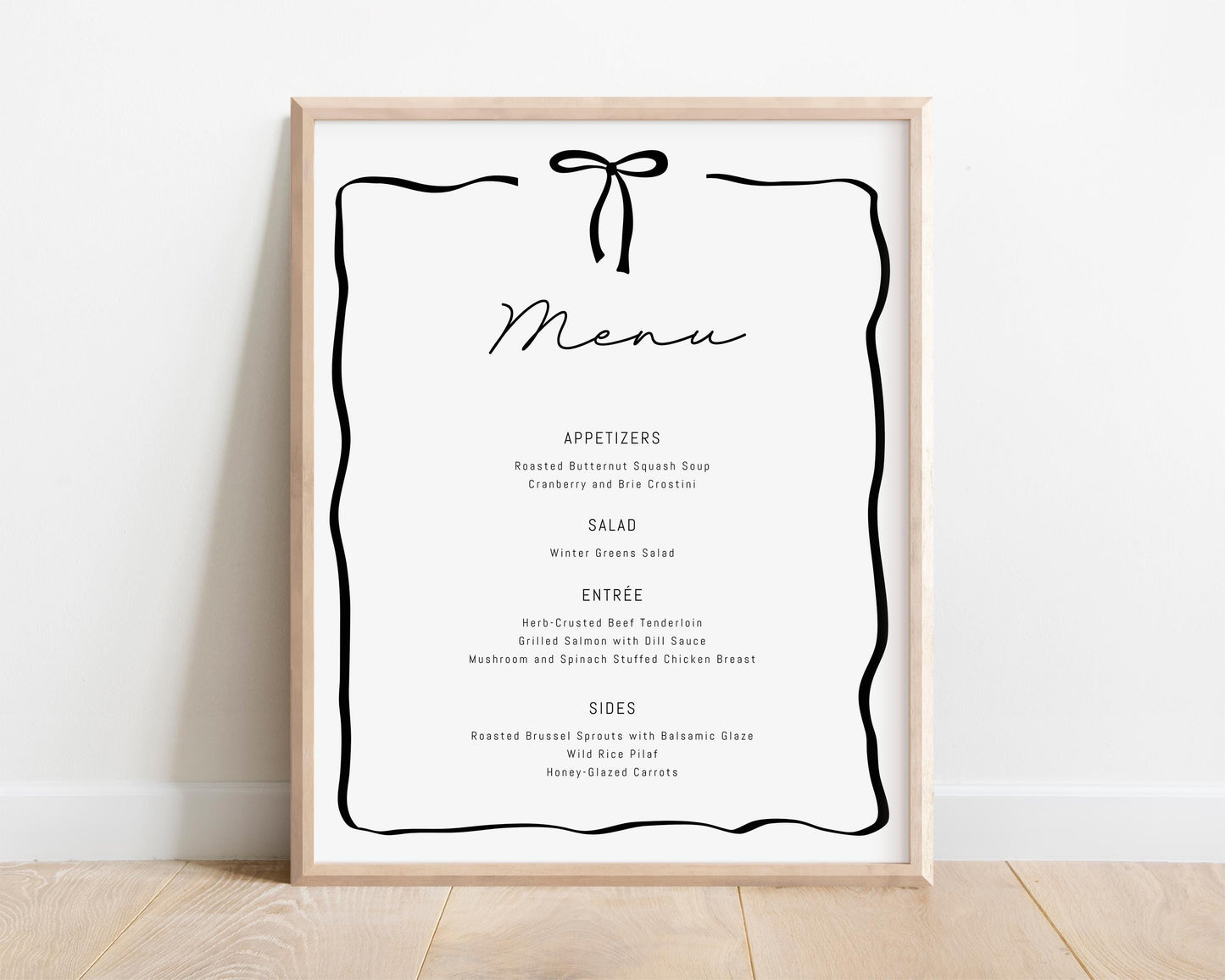 black bow menu sign.  modern minimalist coquette bow centered at top with black ribbon-like frame.  editable template for any type of menu for food or bar drinks