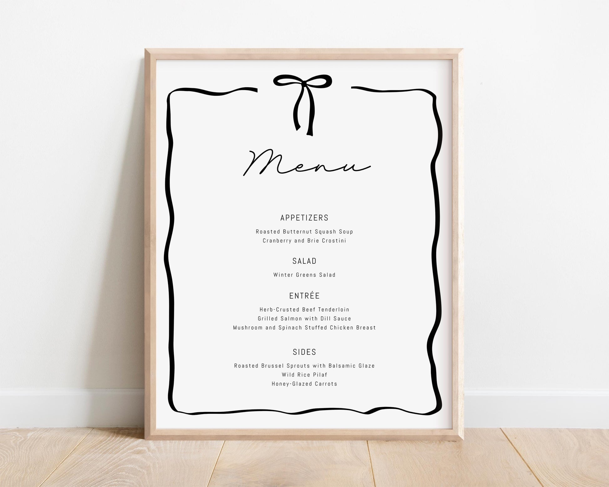 black bow menu sign.  modern minimalist coquette bow centered at top with black ribbon-like frame.  editable template for any type of menu for food or bar drinks