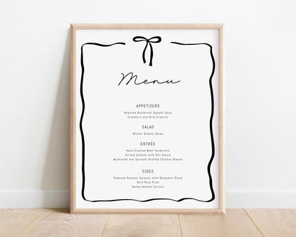 black bow menu sign.  modern minimalist coquette bow centered at top with black ribbon-like frame.  editable template for any type of menu for food or bar drinks