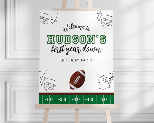 first year down football 1st birthday party welcome sign. Black, white, green & brown.