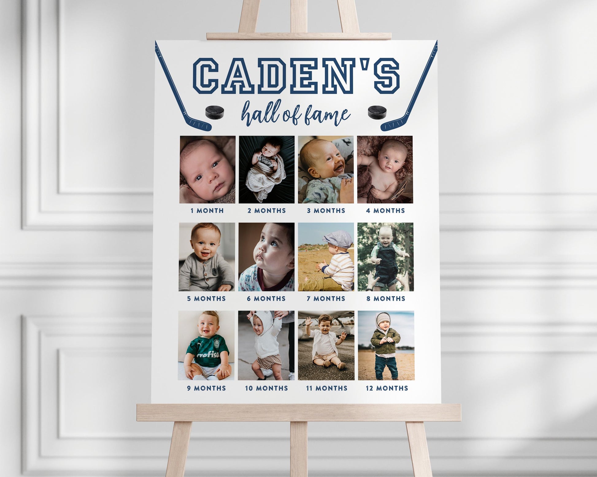 Hockey Hall of Fame Editable Photo Board for 1st birthday party featuring baby's 12 months photos. Hockey sticks and pucks surround child's name and "hall of fame".  Colors and fonts can be changed.