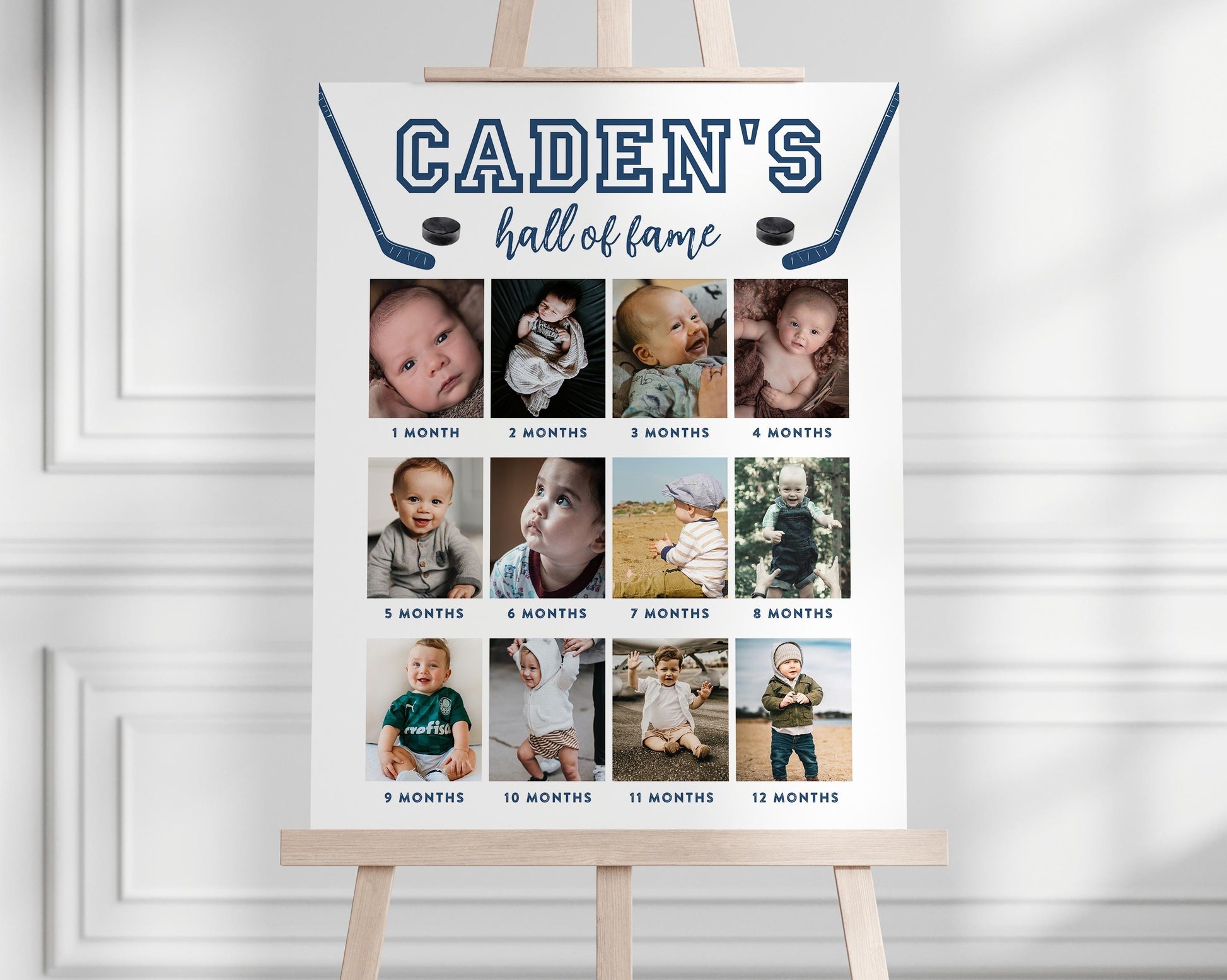 Hockey Hall of Fame Editable Photo Board for 1st birthday party featuring baby's 12 months photos. Hockey sticks and pucks surround child's name and "hall of fame".  Colors and fonts can be changed.